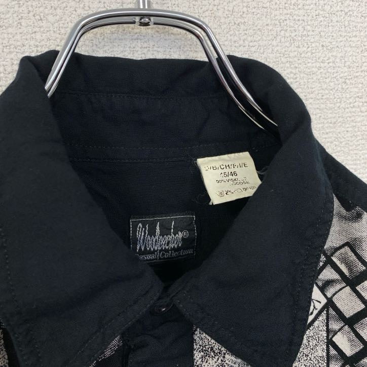 古着 used 長袖総柄シャツ 黒 ブラック モノトーン 幾何学模様 レトロデザイン 個性的アート 切り替え柄