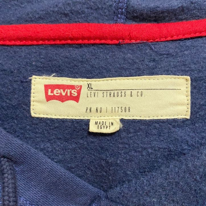 古着 used LEVIS リーバイス 長袖プリント切り替えパーカー スウェットプルオーバー ネイビー 赤 グレー XLサイズ