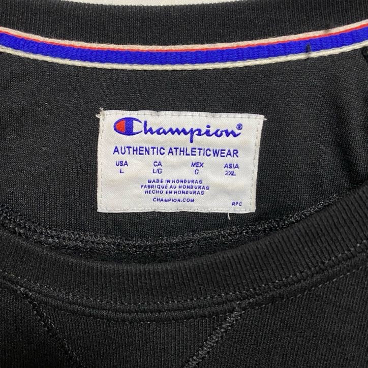 古着 used Champion チャンピオン 長袖ロゴプリントスウェット トレーナー レトロデザイン ブラック Lサイズ
