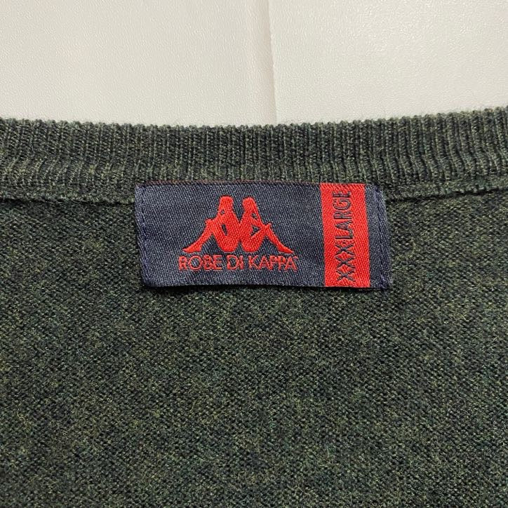 古着 used KAPPA 長袖Vネック薄手ニットカーディガン セーター 緑 グリーン 秋冬服 ビッグシルエット 3XLサイズ