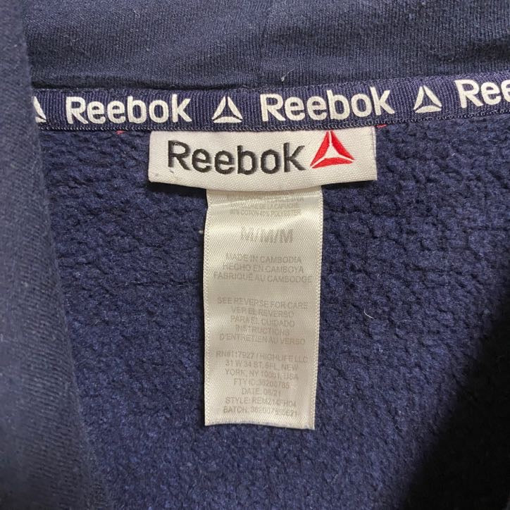 古着 used Reebok リーボック 長袖ロゴプリントパーカー スウェット プルオーバー ネイビー 紺 Mサイズ