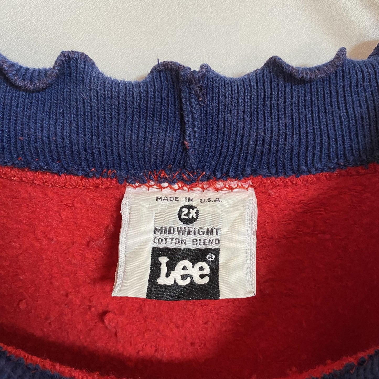 古着 used 90s USA製 Lee 長袖ダサかわ刺繍スウェット トレーナー パッチワーク 赤 レトロデザイン