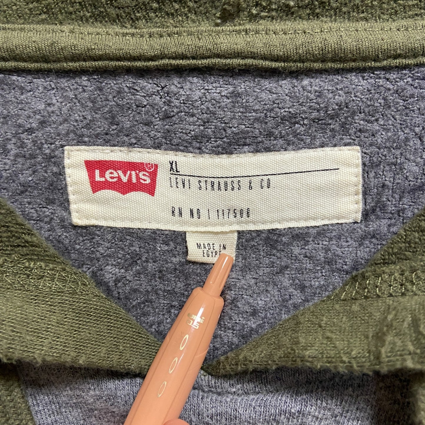 古着 used LEVIS リーバイス 長袖プリントパーカー スウェットフーディー ラグラン袖 バイカラー 緑 グレー XLサイズ