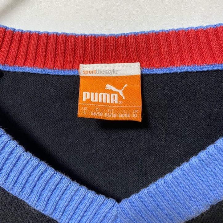 古着 used puma プーマ 長袖Vネックスウェット エルボーパッチ付きトレーナー ワンポイントロゴ刺繍 黒 Lサイズ