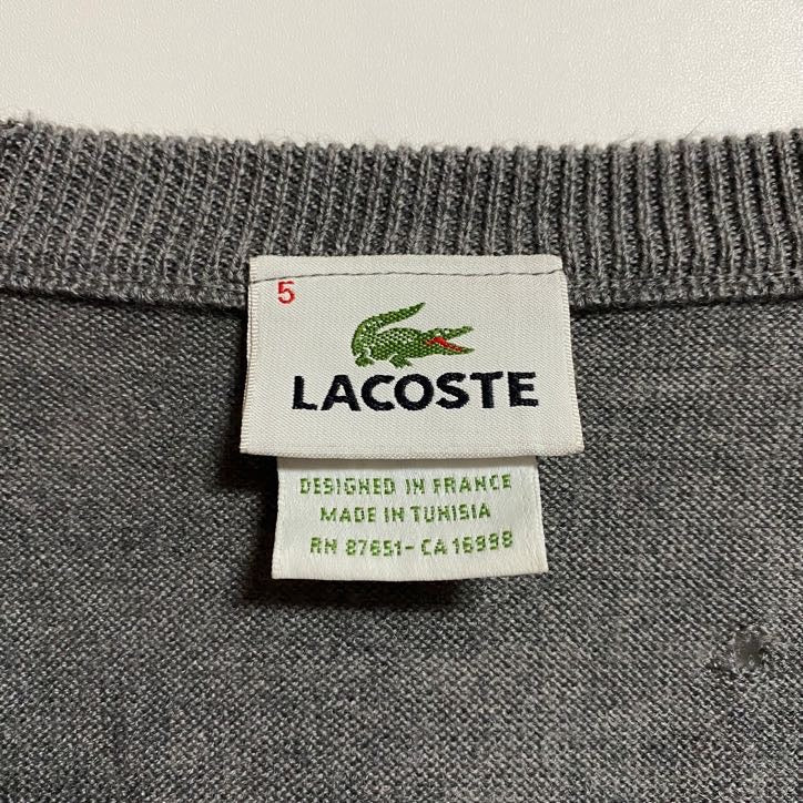 古着 used LACOSTE ラコステ 長袖Vネックカーディガン セーター ワンポイントロゴ刺繍 グレー Sサイズ