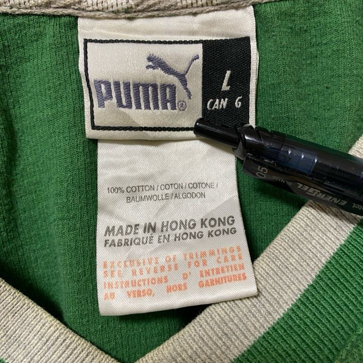 古着 used puma プーマ 長袖Vネックスウェット コットントレーナー ワンポイントロゴ刺繍 緑 Lサイズ