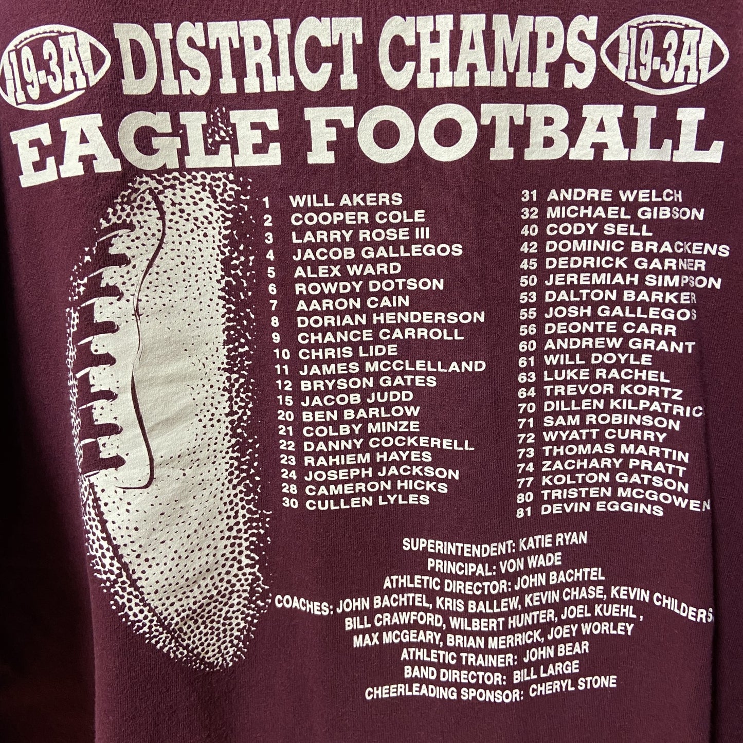 古着 used FAIRFIERD EAGLES 半袖クルーネックTシャツ バックプリント アメフト スポーツ ワインレッド