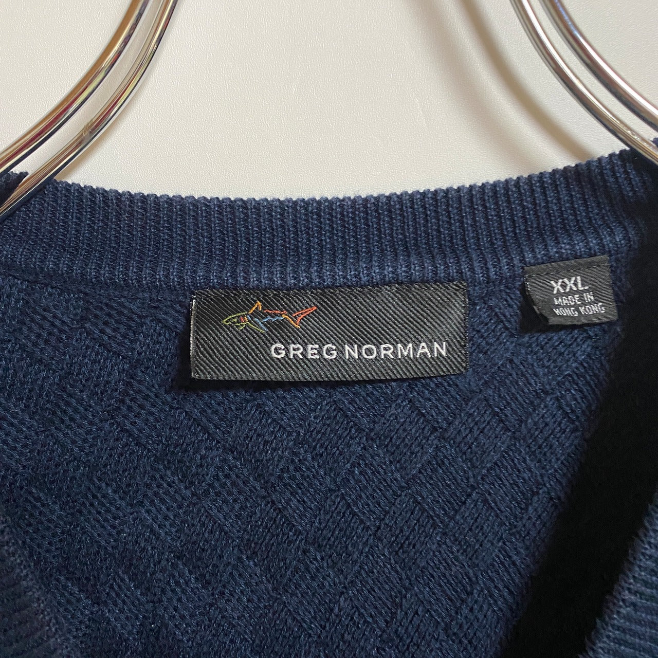 古着 used GREG NORMAN Vネックニットベスト 無地 コームコア ネイビー ビックシルエット XXLLサイズ