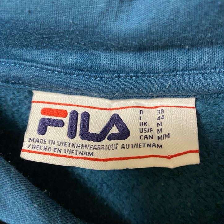 古着 used FILA フィラ 長袖ワンポイントロゴ刺繍プルオーバーパーカー フーディー ノームコア ブルー Mサイズ