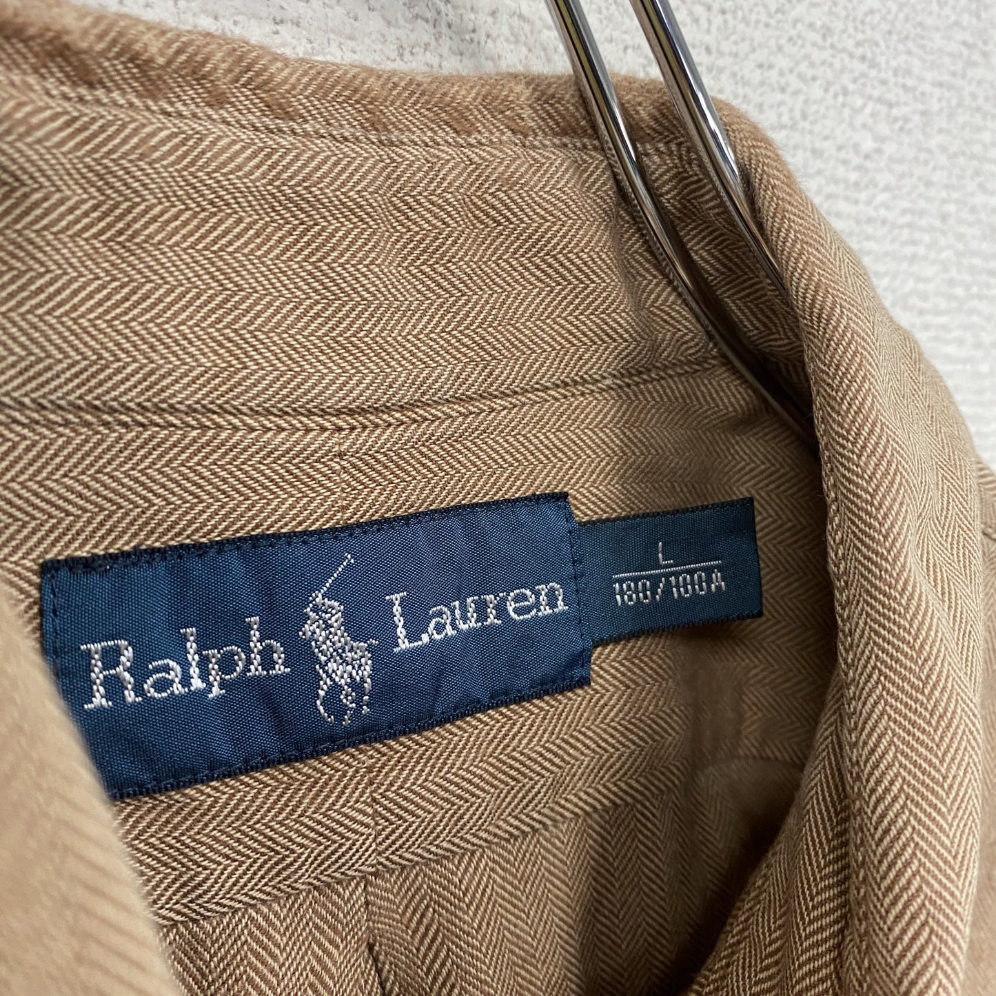 90s RALPH LAUREN ラルフローレン 長袖ボタンダウンシャツ ヘリンボーン 茶色 ブラウン Lサイズ