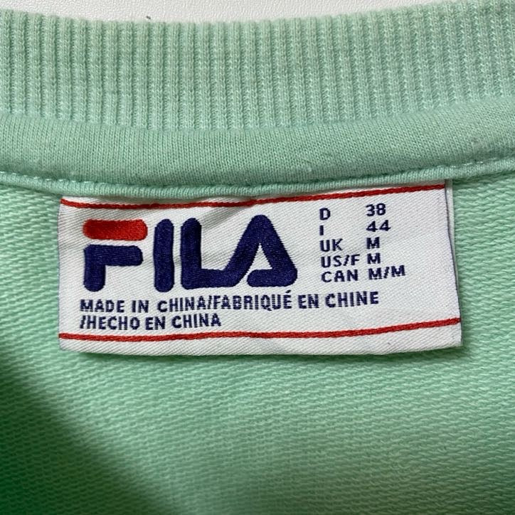 古着 used FILA フィラ 長袖クルーネックポケット付きワンポイントロゴスウェット トレーナー パステル グリーン Mサイズ