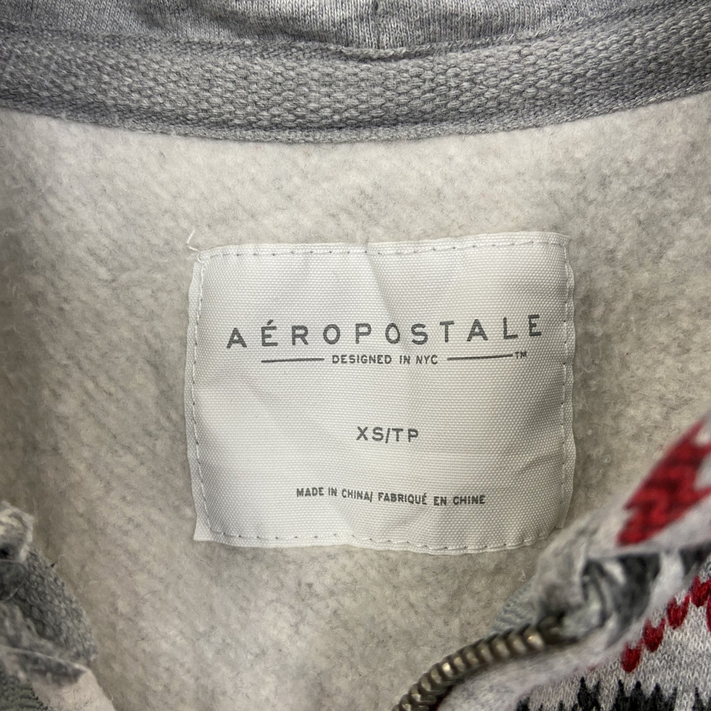 古着 used AEROPOSTAGE 長袖ジップアップパーカー レトロデザイン グレー ノルディック柄 総柄 XSサイズ