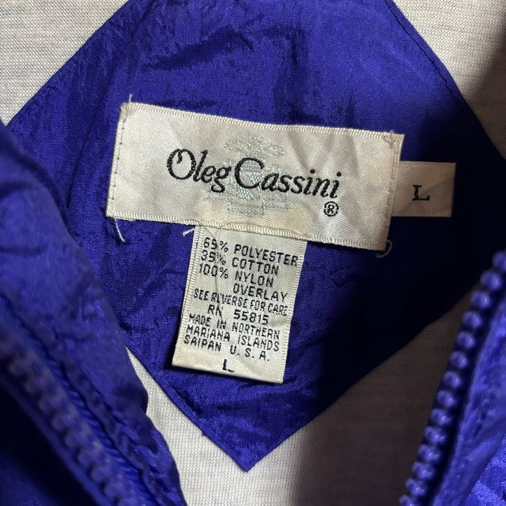 古着 used OlegCassini 長袖ジップアップナイロンジャケット ワンポイントロゴ刺繍 マルチカラー 緑 黒 Lサイズ