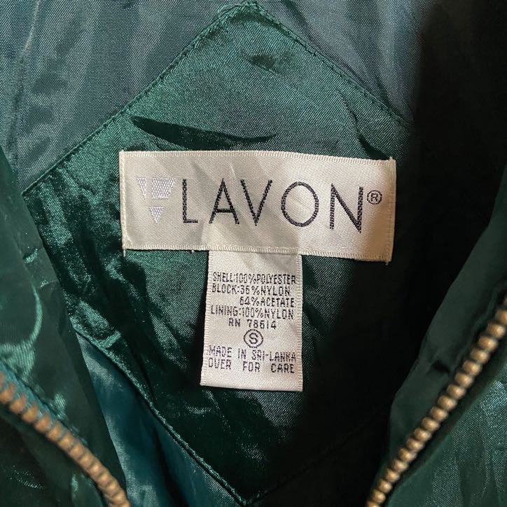 古着 used LAVON 長袖ジップアップナイロンジャケット ハイネック 花柄 肩パッド 緑 黒 秋冬服 レトロ Sサイズ