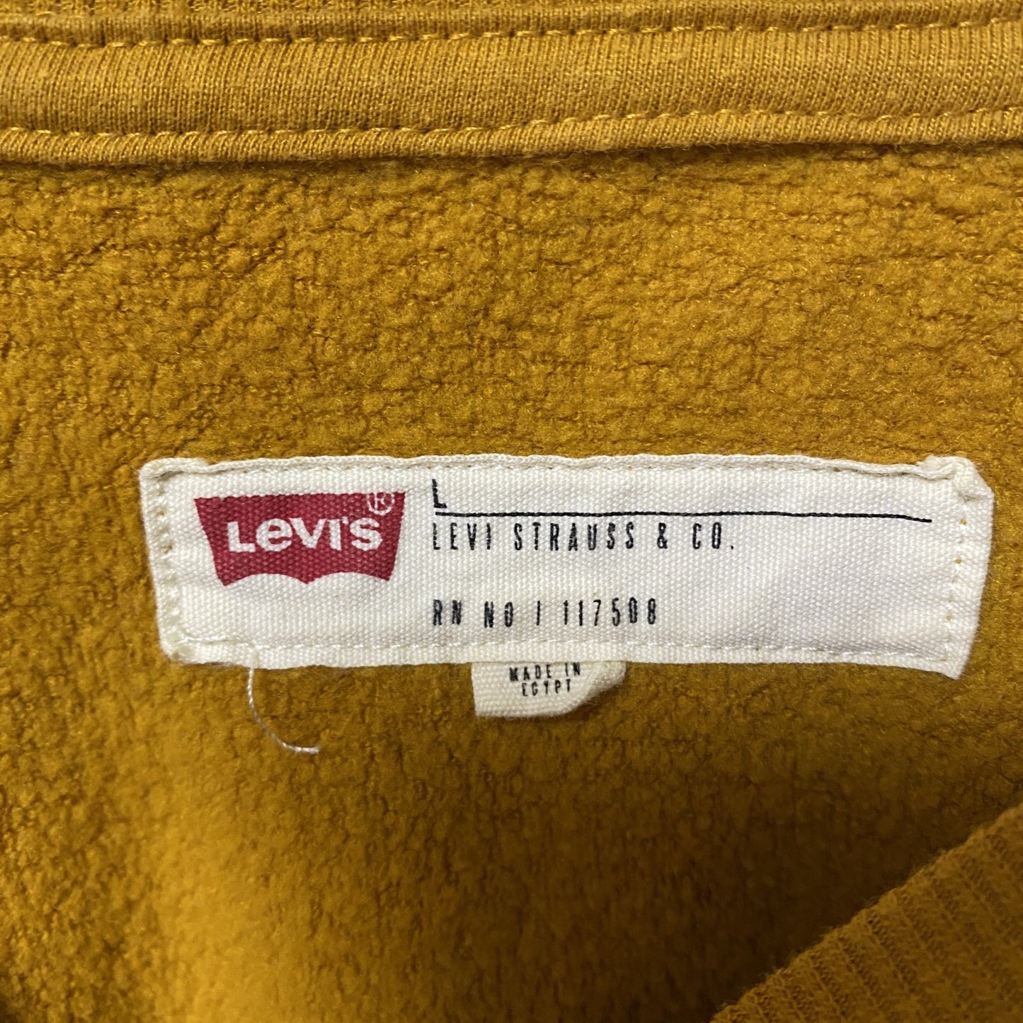 古着 used LEVI’S リーバイス 長袖ワンポイントロゴ刺繡スウェット トレーナー ラグラン袖 マスタード 黄色 Lサイズ