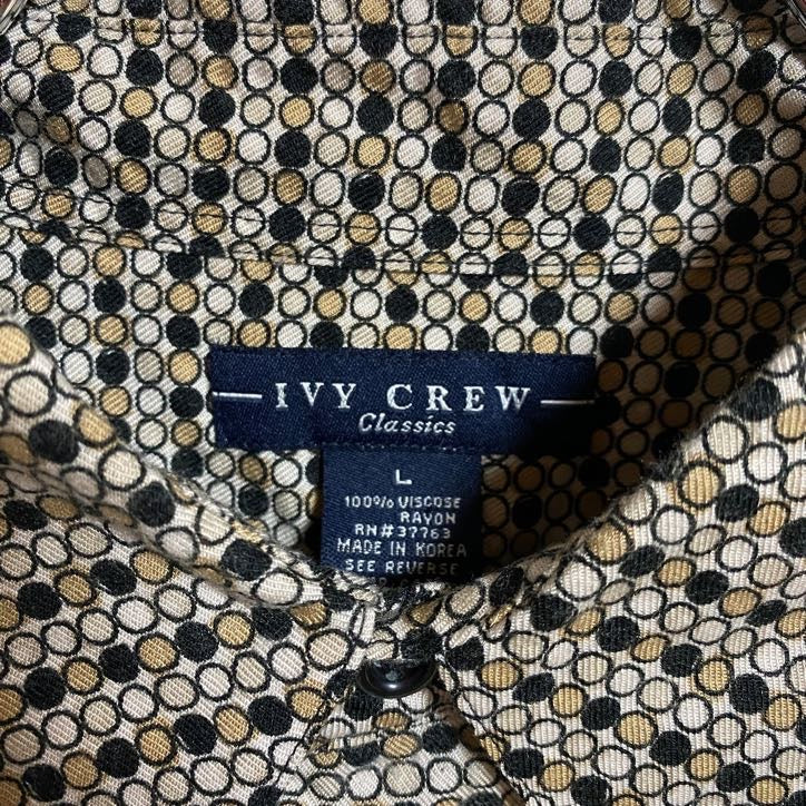 古着 used IVYCREW 半袖総柄デザインシャツ ドット柄 水玉 ベージュ 春夏服 レトロ メンズ レディース Lサイズ