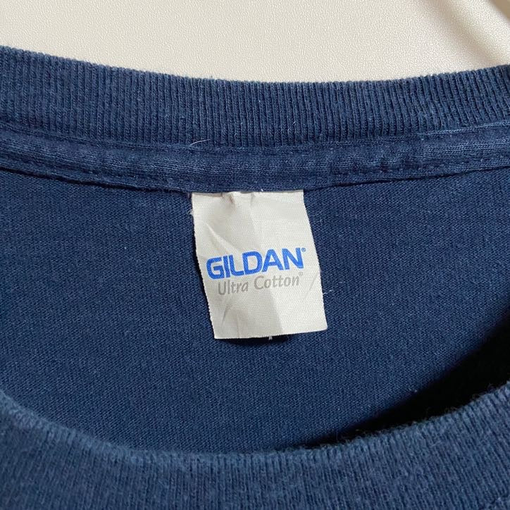 古着 used GILDAN ギルダン 半袖バックプリントTシャツ ワンポイント クルーネック 魚 船 ネイビー 紺 春夏服