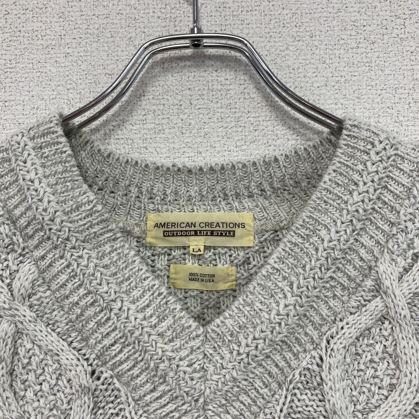 AMERICAN CREATIONS コットンニットセーター Vネック ケーブル編み 灰色 ライトグレー Lサイズ