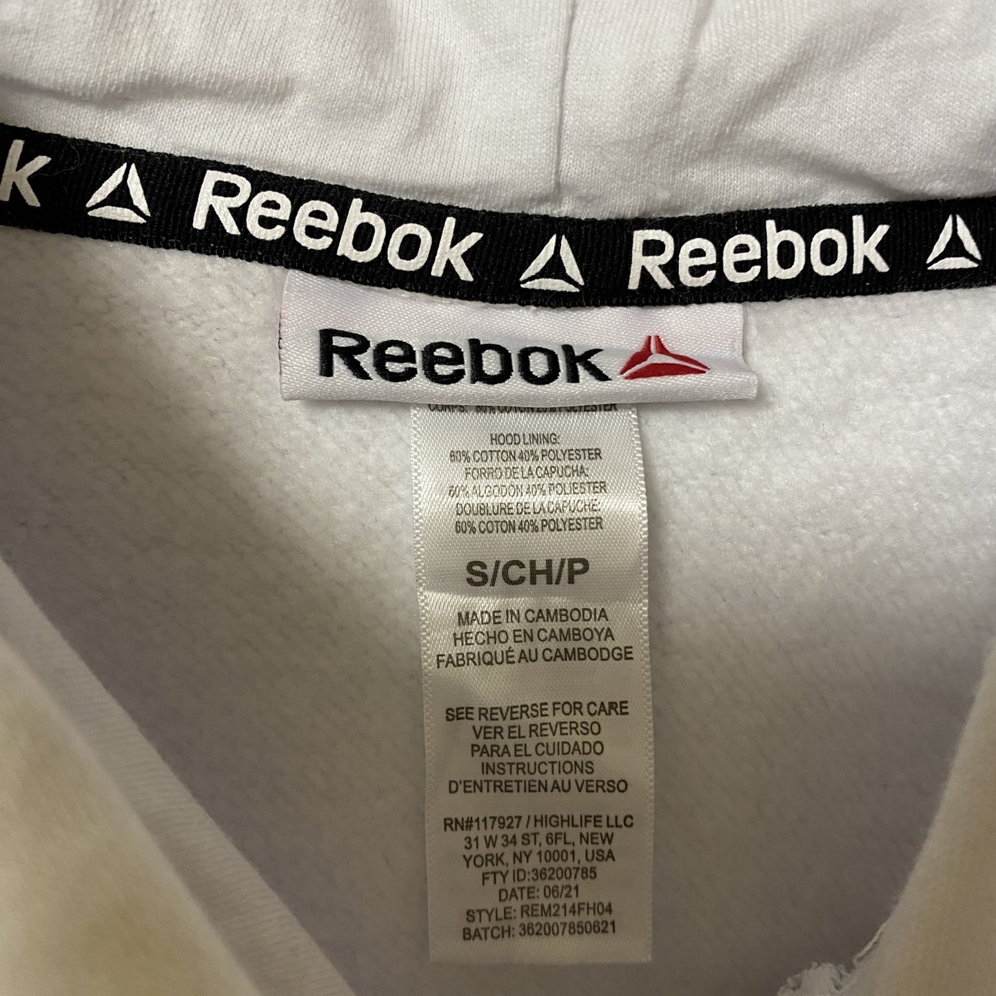 古着 used Reebok リーボック 長袖ロゴプリントプルオーバーパーカー フーディー スポーティー ホワイト 白 Sサイズ