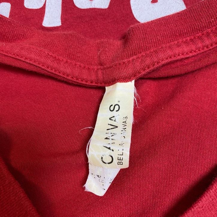 古着 used CANVAS 半袖ワンポイントTシャツ バックプリント Vネック PIZZA ピザ 赤 レッド Lサイズ