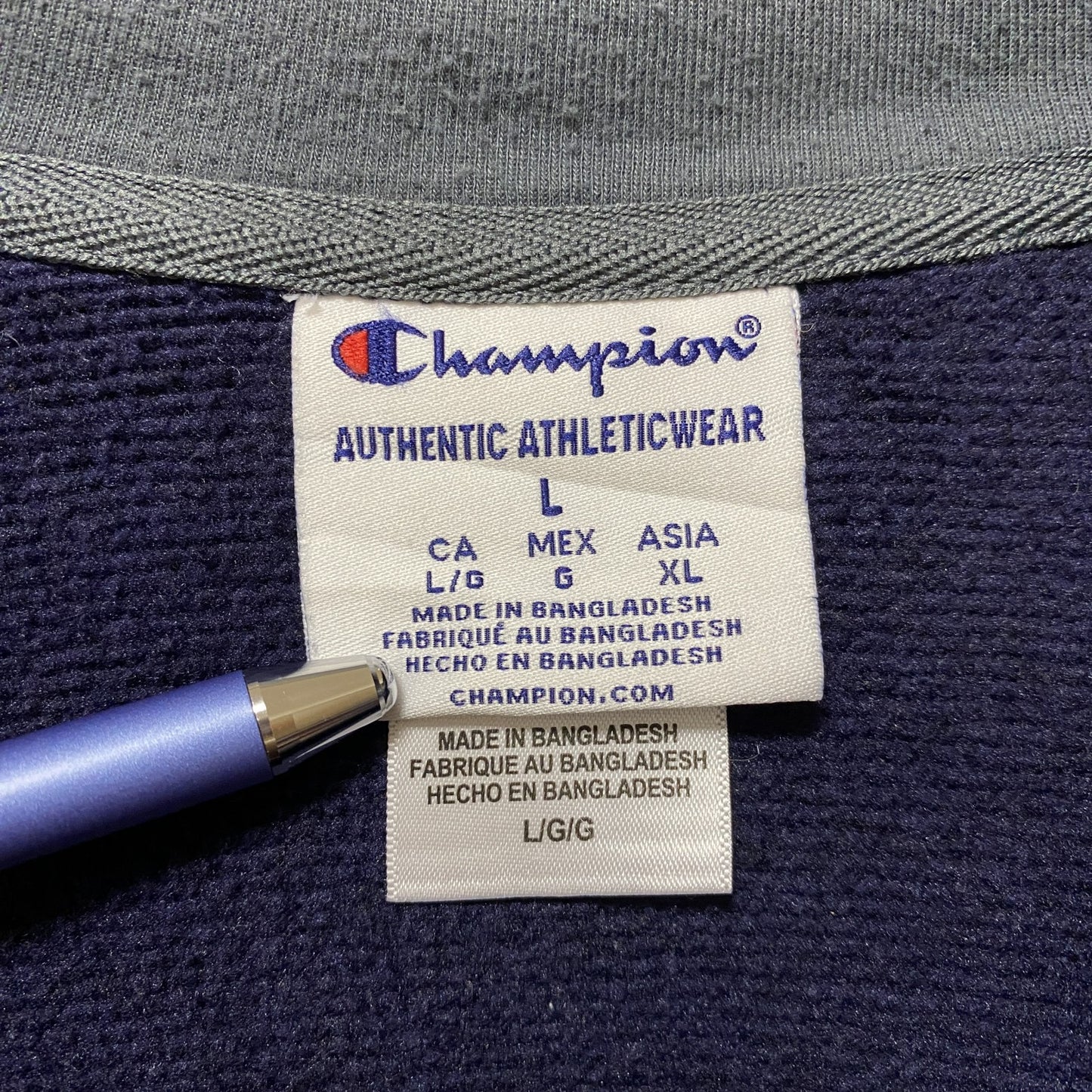 古着 used Champion チャンピオン 長袖ハーフジップ刺繍スウェット カレッジトレーナー ネイビー ハイネック Lサイズ