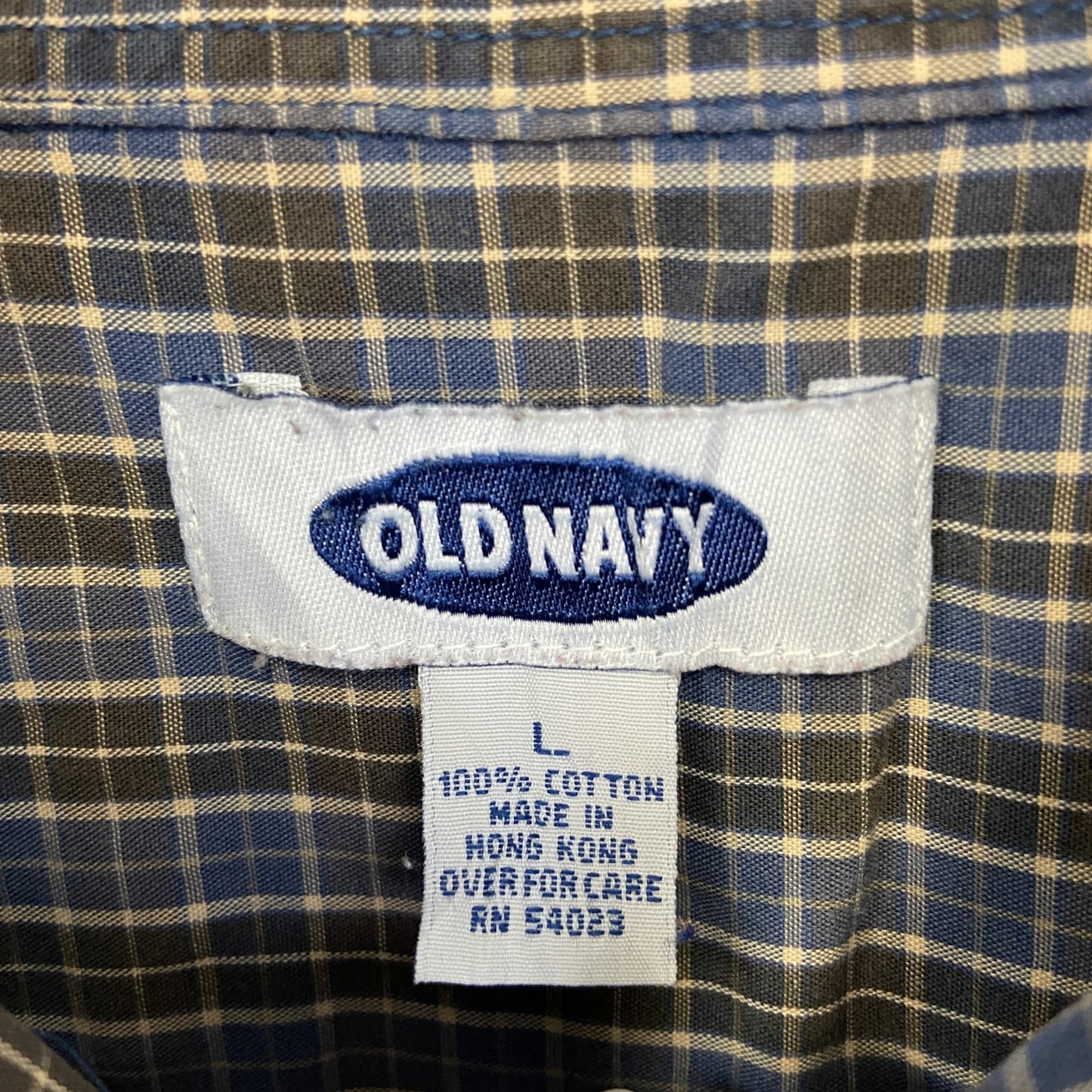古着 used OLD NAVY オールド ネイビー 長袖柄シャツ 襟付き 総柄 レトロデザイン タータンチェック 青 Lサイズ