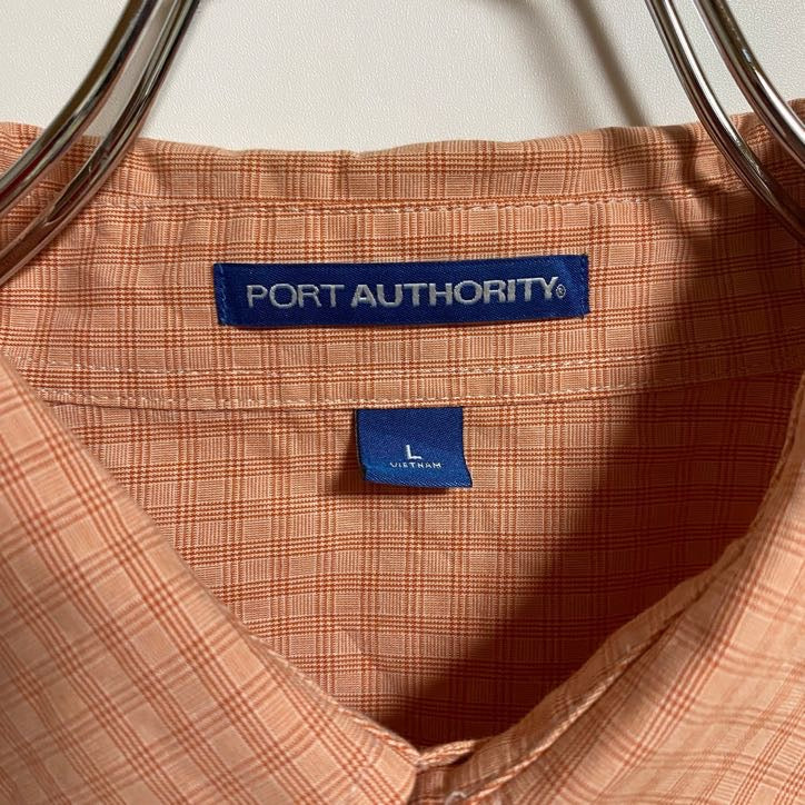 古着 used PORT AUTHORITY 長袖チェック柄シャツ ワンポイント刺繍 ライトピンク レトロ 秋冬服 Lサイズ