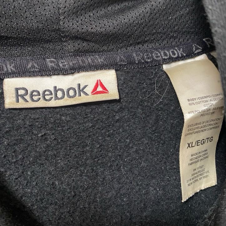 古着 used Reebok リーボック 長袖ビッグロゴデザインパーカー フーディー バイカラー 黒 グレー XLサイズ