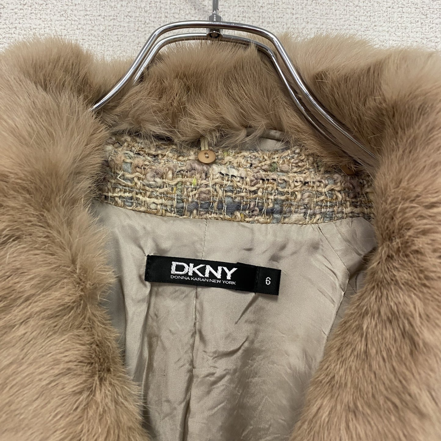 DKNY ダナキャランニューヨーク ファー付きツイードロングコート 茶色 ブラウン 6サイズ