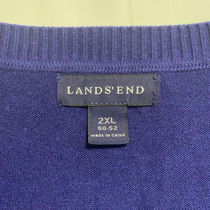 古着 used LANDS'END Vネック無地ニットベスト ノースリーブ薄手セーター ネイビー ビッグシルエット XLサイズ