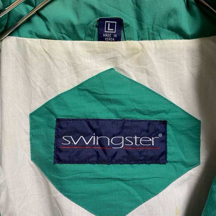 古着 used swingster 長袖ワンポイント刺繍マウンテンジャケット ハイネックブルゾン ネイビー ヴィンテージ Lサイズ