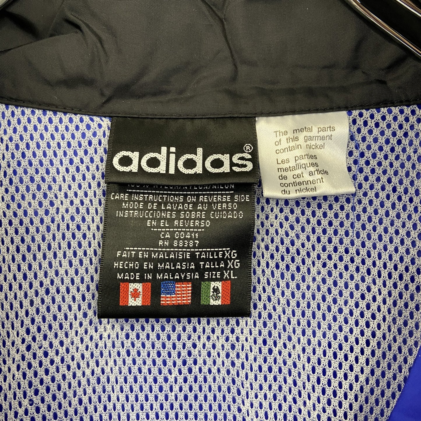 90s adidas アディダス 長袖ハーフジップナイロンジャケット 国旗タグ 青 ヴィンテージ XLサイズ