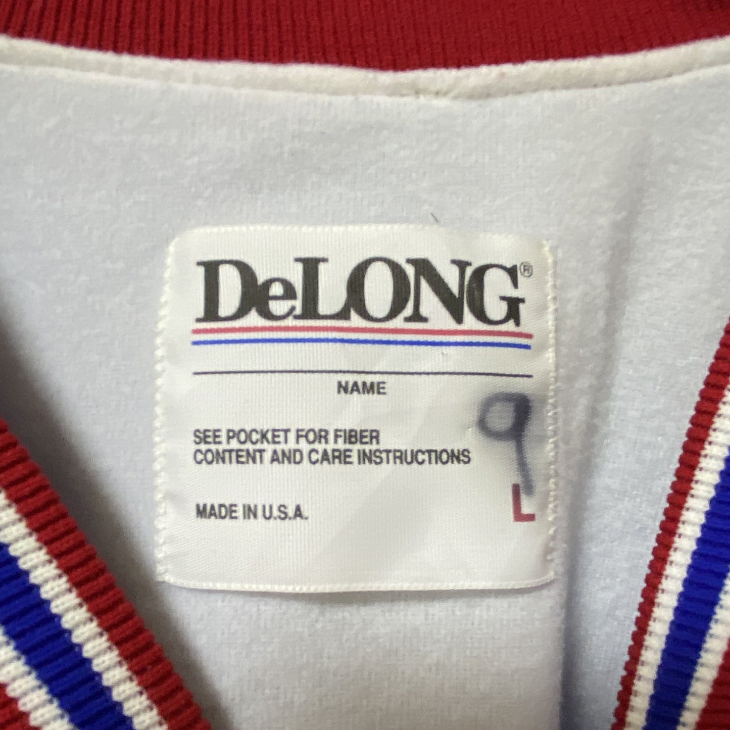 古着 used DeLONG 長袖刺繍ナイロンプルオーバー ウインドブレーカー バスケ レトロデザイン Vネック 青 Lサイズ