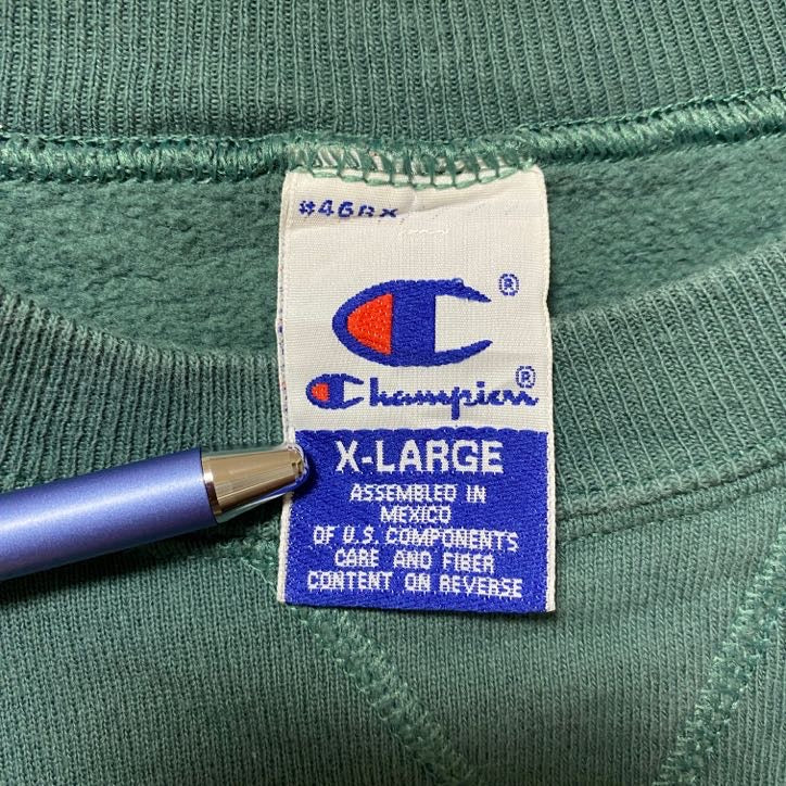 古着 used 90s 90年代 Champion チャンピオン 長袖ロゴ刺繍スウェット トレーナー 緑 グリーン XLサイズ