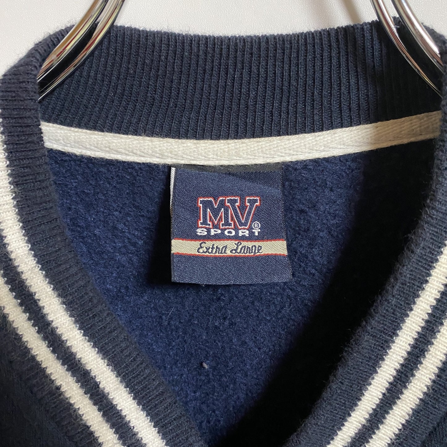 古着 used MVSPORT 長袖スウェットスタジャン ワンポイントプリント ベネチアン ネイビー グレー レトロ 秋冬服