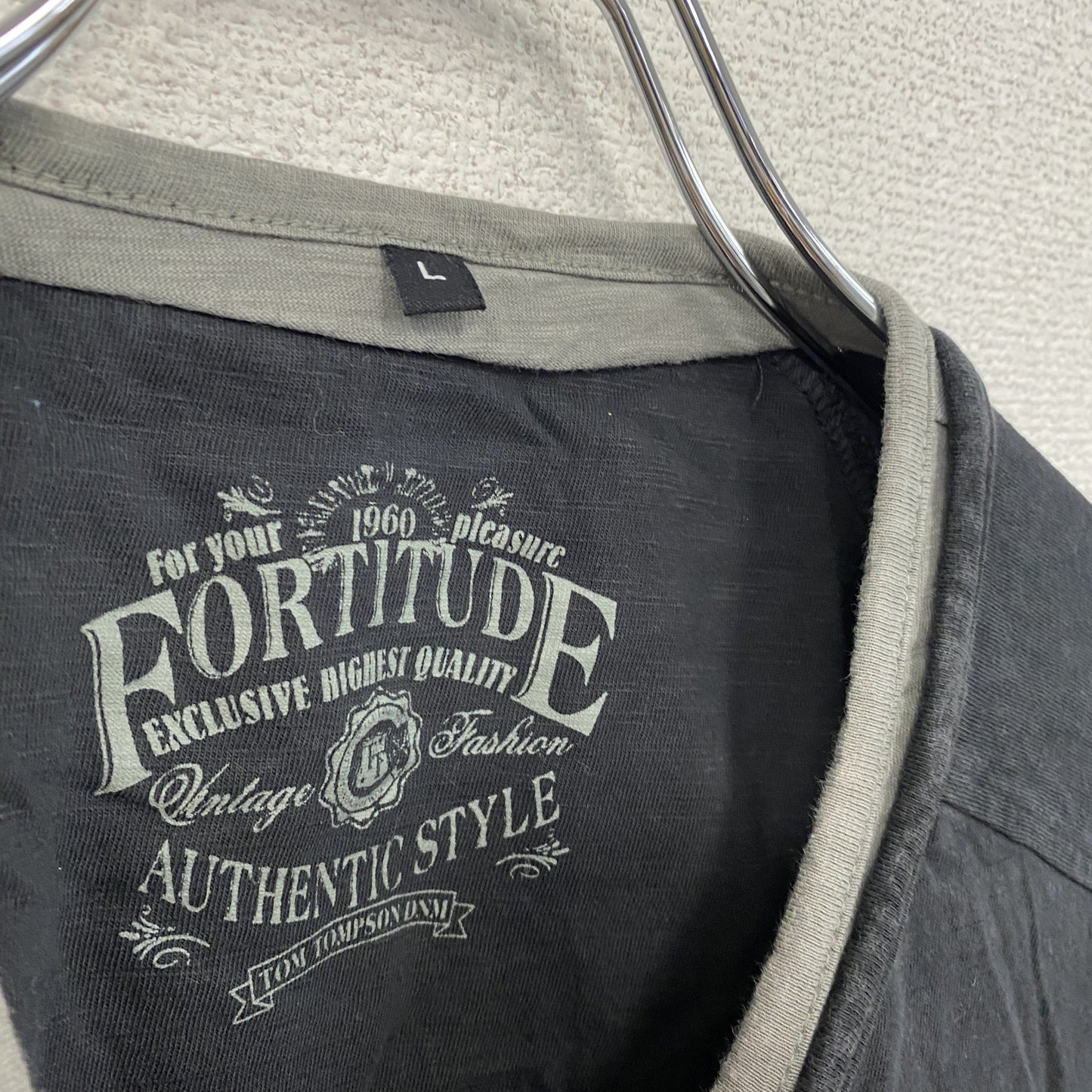 FORTITUDE 半袖リメイクTシャツ ヘンリーネック 編み込み加工 黒 ブラック Lサイズ