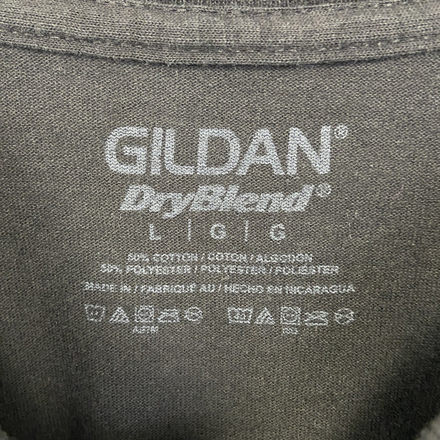 古着 used GILDAN ギルダン 半袖プリントTシャツ PLUMB LINE クルーネック 黒 Dry Blend Lサイズ
