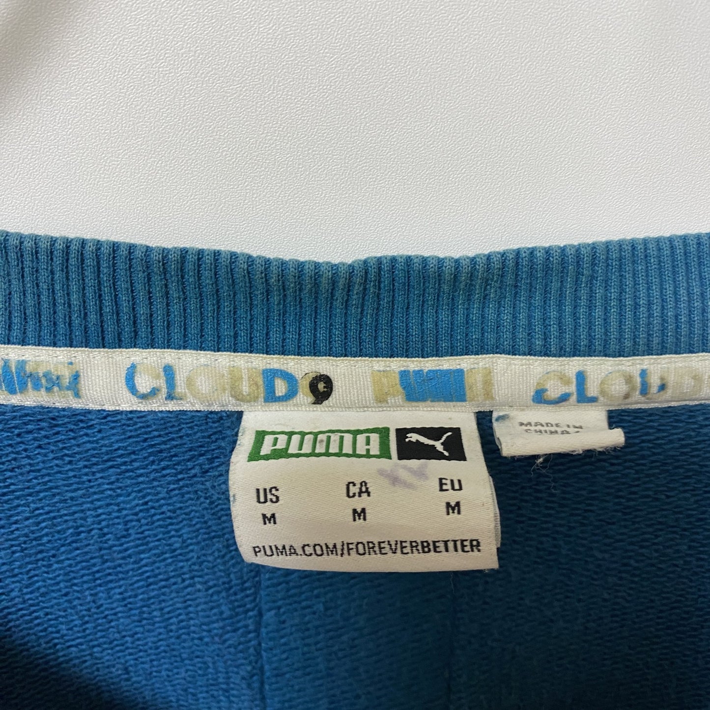 古着 used puma プーマ CLOUD9 長袖デザインプリントスウェット クルーネックトレーナー Mサイズ 水色