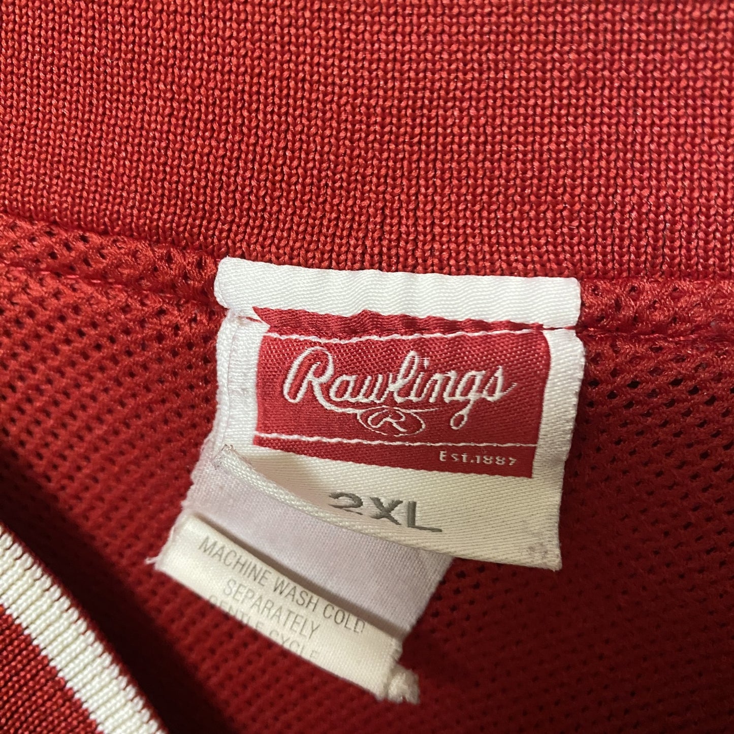 古着 used Rawlings 長袖ナイロンプルオーバー ウインドドブレーカー Vネック プリントデザイン 赤 XXLサイズ
