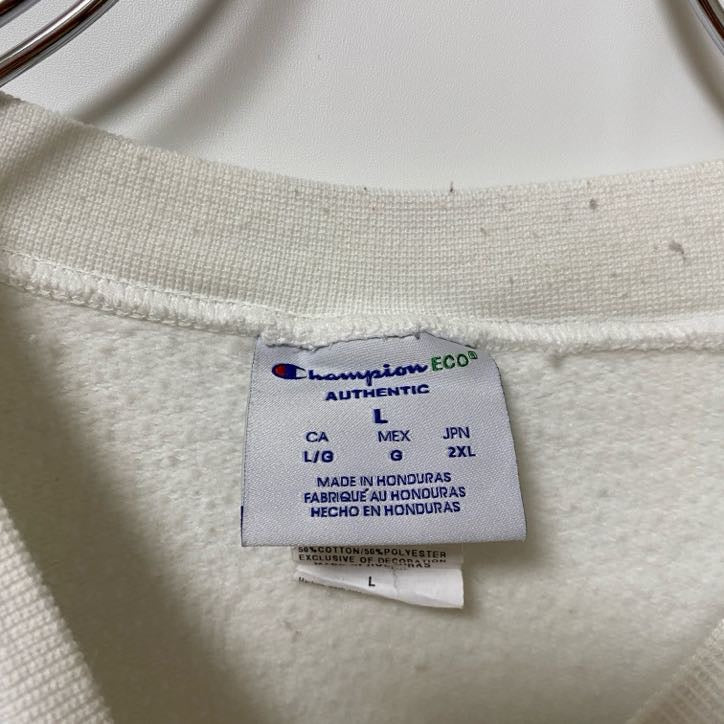 古着 used Champion チャンピオン 長袖ワンポイント刺繍スウェット トレーナー I AM ONE 白 Lサイズ