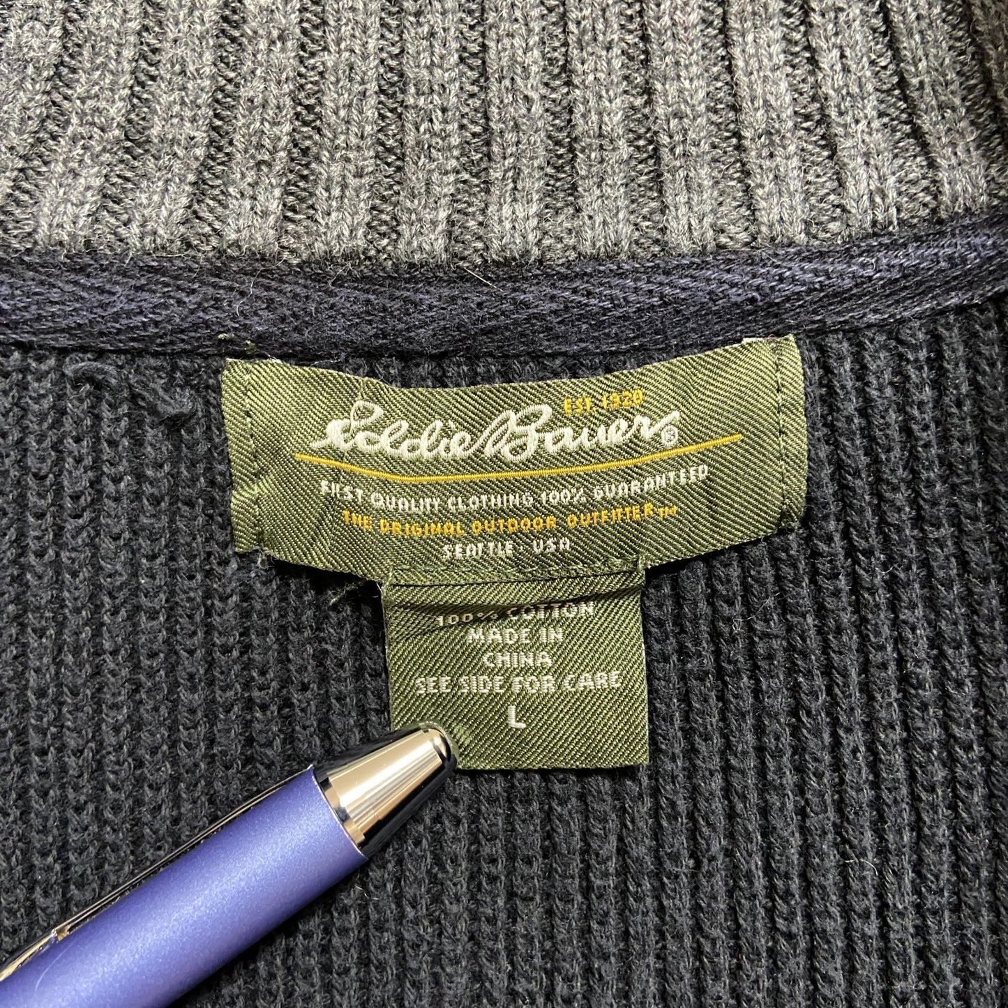 古着 used EddieBauer エディーバウアー 長袖ハーフジップニット セーター ボーダー柄 ネイビー レトロ Lサイズ