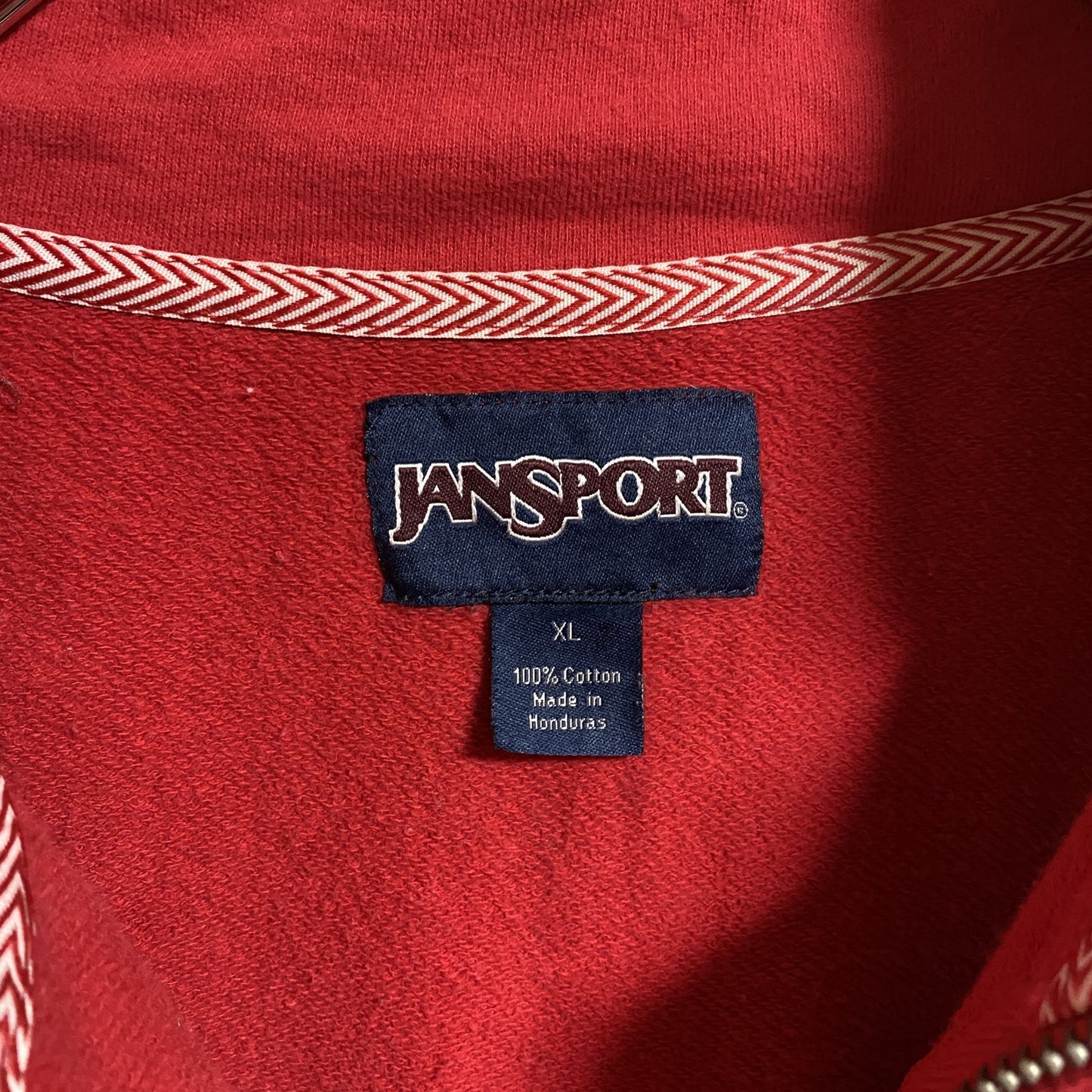 古着 used JANSPORT ジャンスポーツ 長袖ハーフジップスウェット カレッジロゴ ワンポイント 赤 レトロ XLサイズ