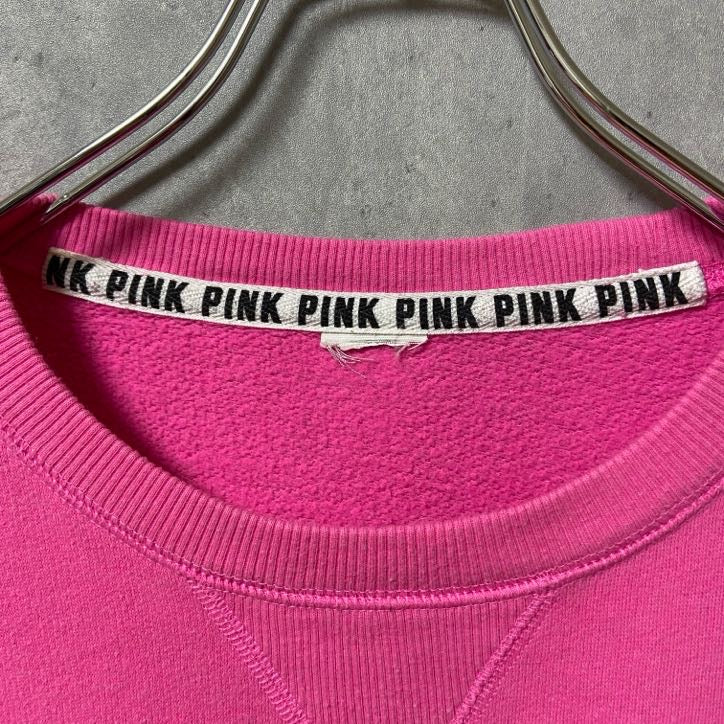 古着 used LOVE PINK 長袖スウェット トレーナー パッチワーク クルーネック ピンク 秋冬服 Mサイズ