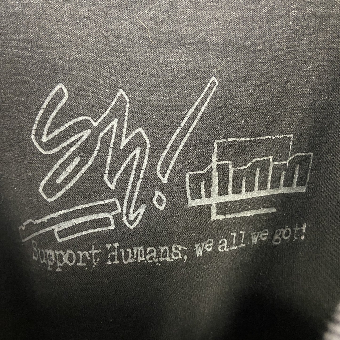 SUPPORT HUMANS 半袖プリントTシャツ 英字プリント ドロップシャドウ クルーネック 黒 ブラック Mサイズ