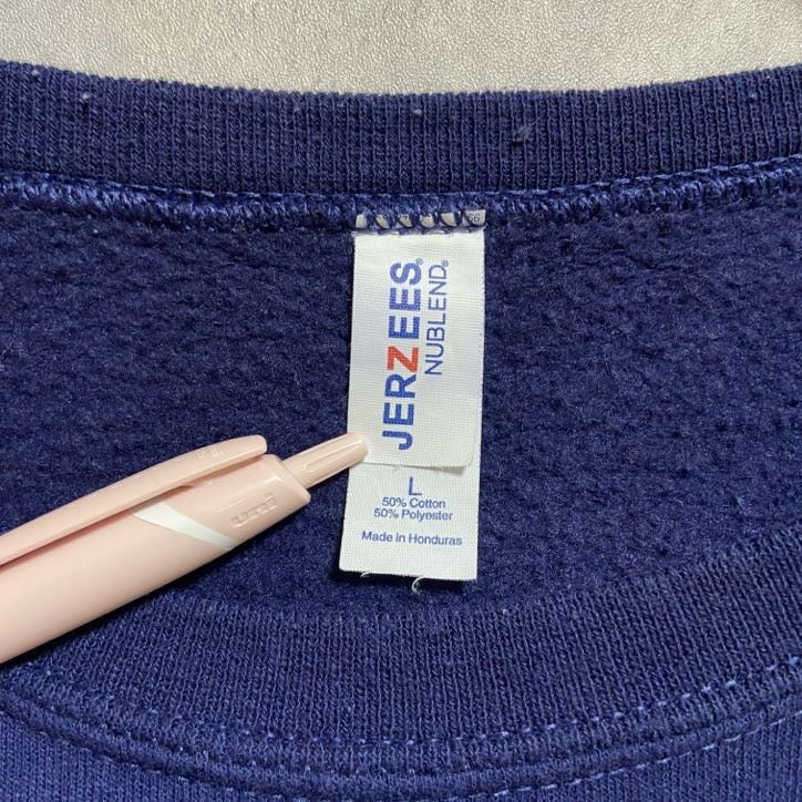 古着 used JERZEES ジャージーズ 長袖クルーネックプリントカレッジスウェット トレーナー 熊 ネイビー Lサイズ