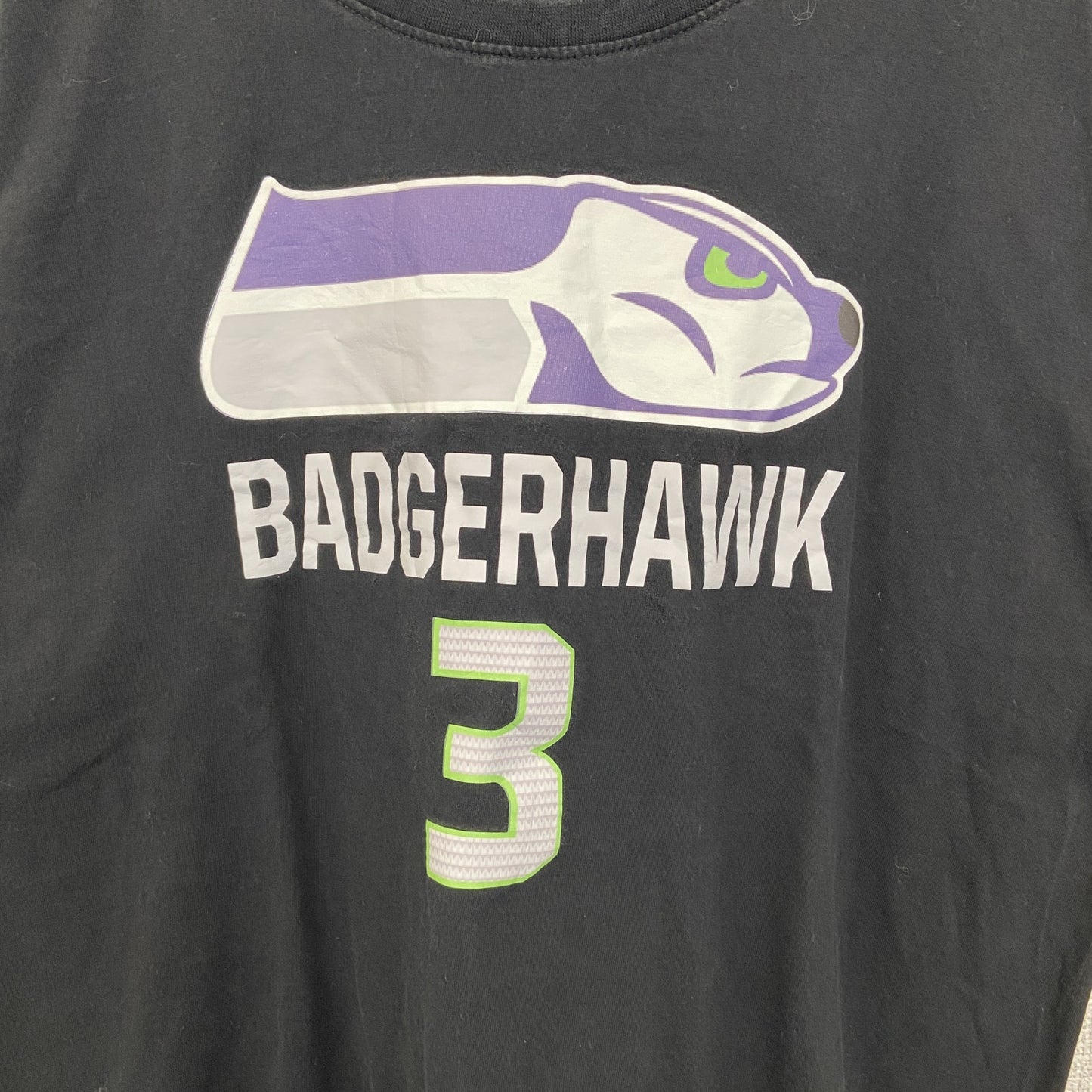 古着 used ノーブランド 半袖デザインプリントTシャツ BADGERHAWK クルーネック カジュアルデザイン 黒 Mサイズ