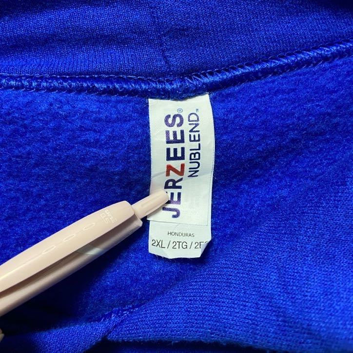 古着 used JERZEES ジャージーズ 長袖ロゴプリントパーカー フットボール 青 ブルー オーバーサイズ XXLサイズ