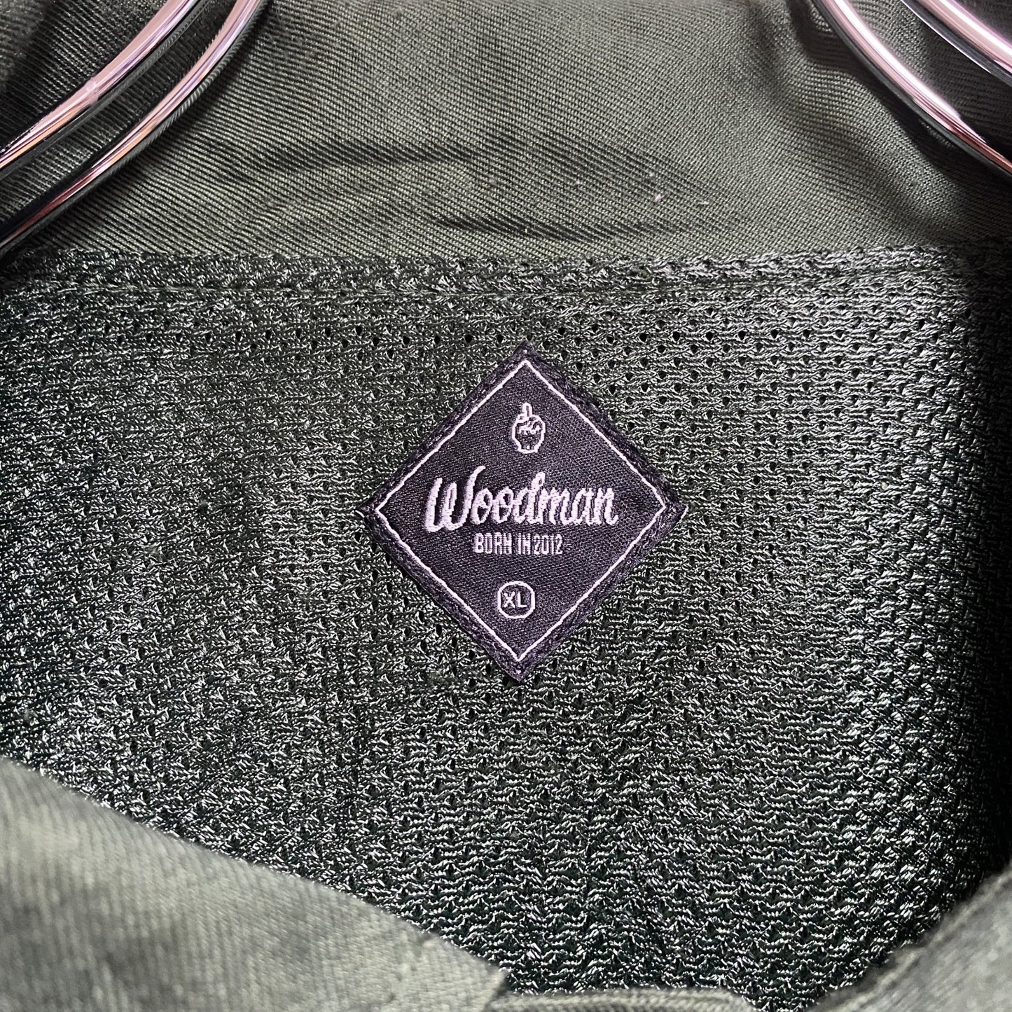 古着 used Woodman 長袖ロゴプリントブルゾン ジャケット 襟付き 緑 グリーン オーバーサイズ XLサイズ