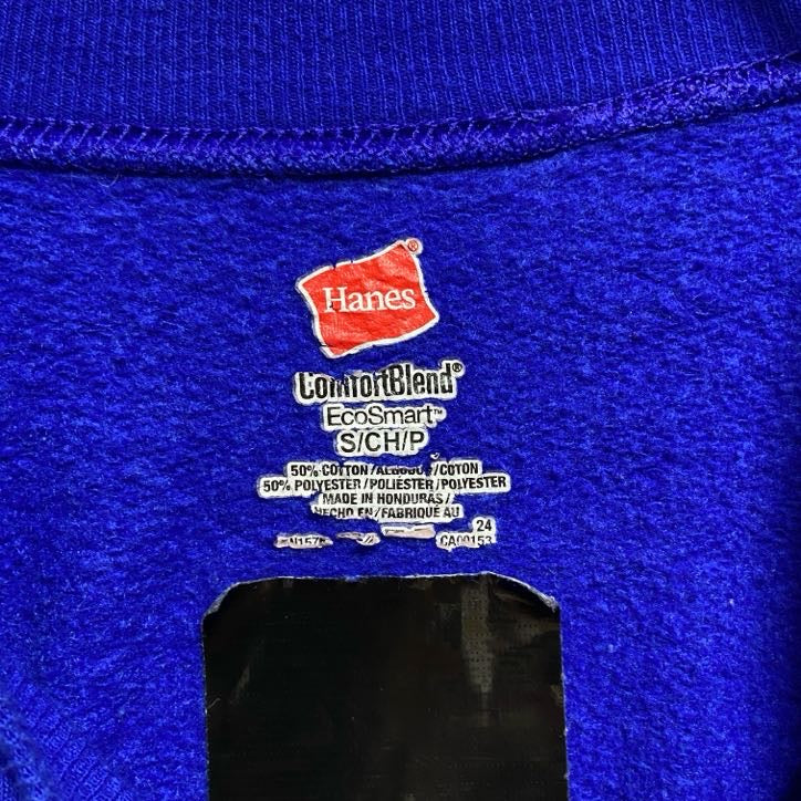古着 used Hanes ヘインズ 長袖プリントスウェット トレーナー HENDERSONHAMMOCK 青 ブルー Sサイズ