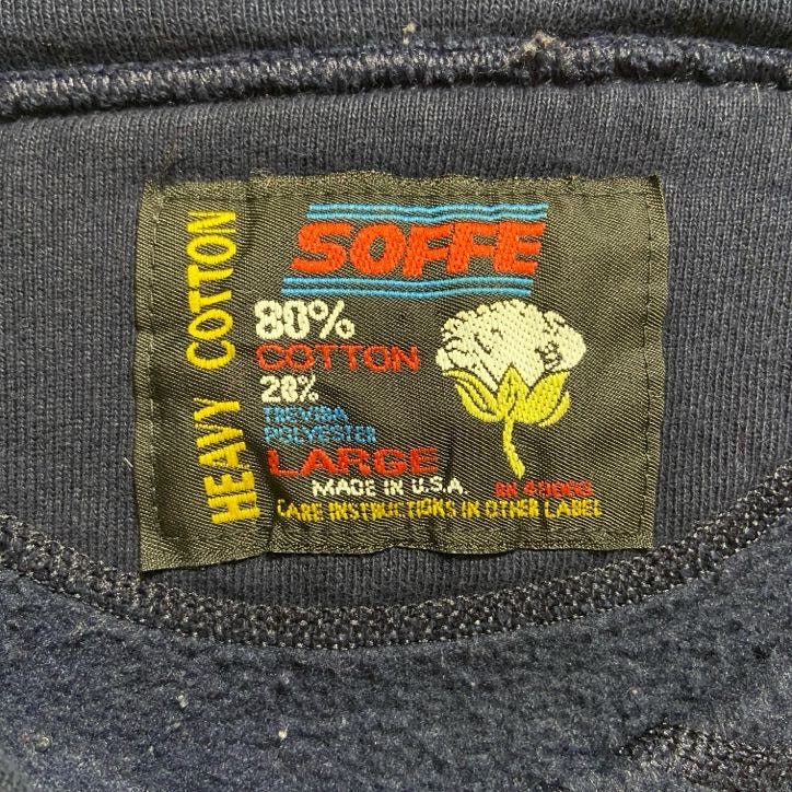 古着 used SOFFE ソフィー 長袖カレッジワンポイントロゴ刺繡スウェット トレーナー USA製 ネイビー Lサイズ